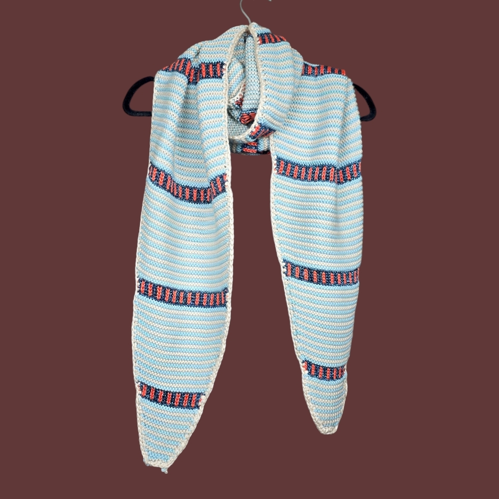 Anthropologie Womens Caroline Kaufman Ivory Blue Striped Knit Scarf Size OS